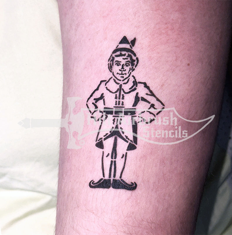 An airbrush tattoo of Buddy the Elf on a person's arm