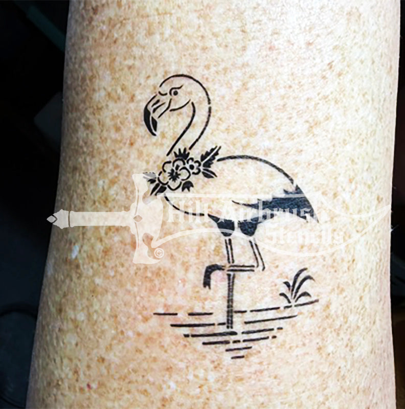 A photograph of a Flamingo airbrush tattoo created with a stencil from Hilt Stencils