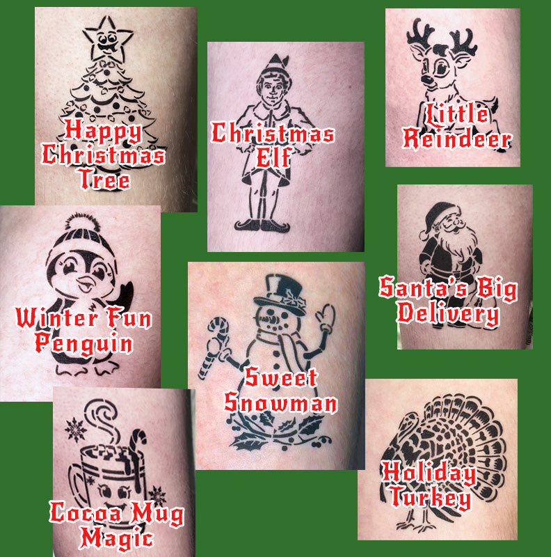 Airbrush tattoos of Christmas-themed designs sprayed on people's arms. Created with Hilt Airbrush Stencils.