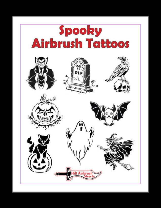 Collection of spooky airbrush stencil designs with Halloween-themed images