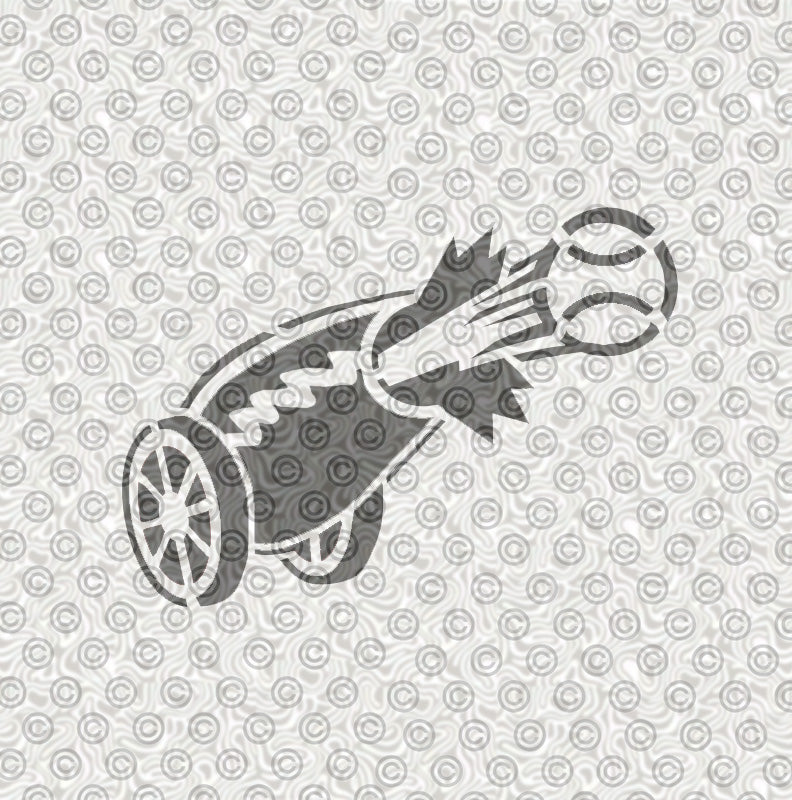 A stencil design of a cannon firing a baseball.