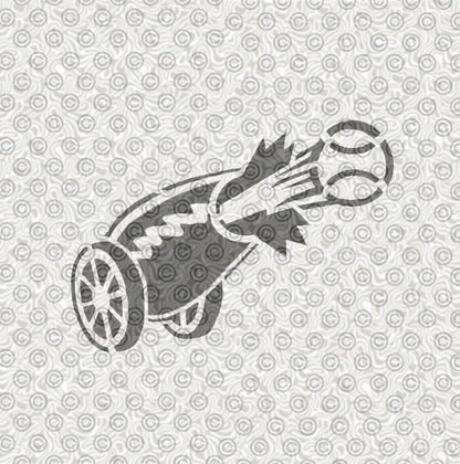 A stencil design of a cannon firing a baseball.