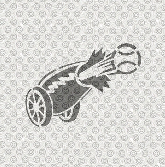 A stencil design of a cannon firing a baseball.