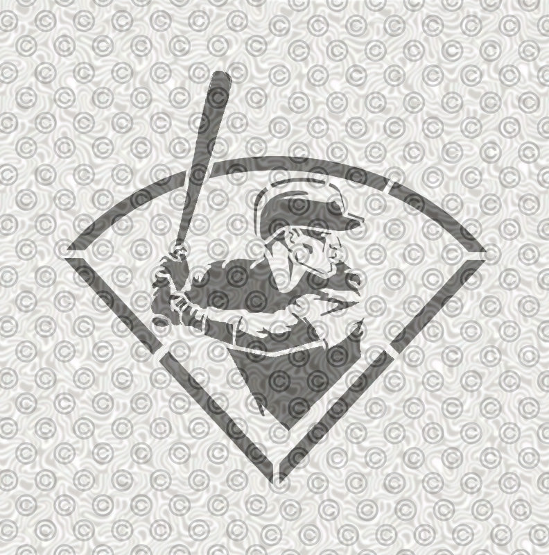 A stencil design featuring a baseball player in a batting stance inside a diamond outline.