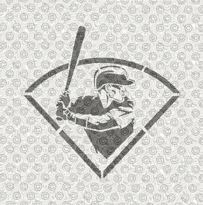 A stencil design featuring a baseball player in a batting stance inside a diamond outline.