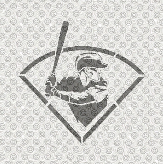 A stencil design featuring a baseball player in a batting stance inside a diamond outline.