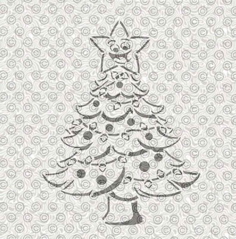 Jolly smiling Christmas tree with decorations stencil design 
