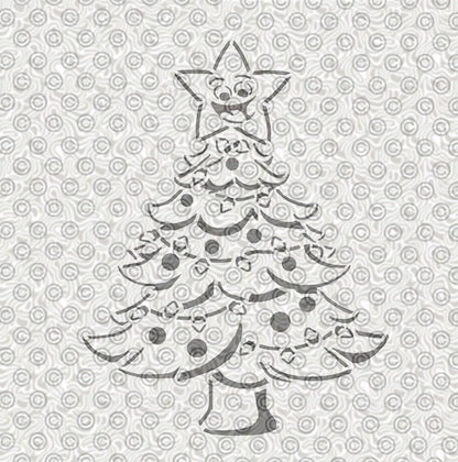 Jolly smiling Christmas tree with decorations stencil design 