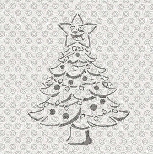 Jolly smiling Christmas tree with decorations stencil design 