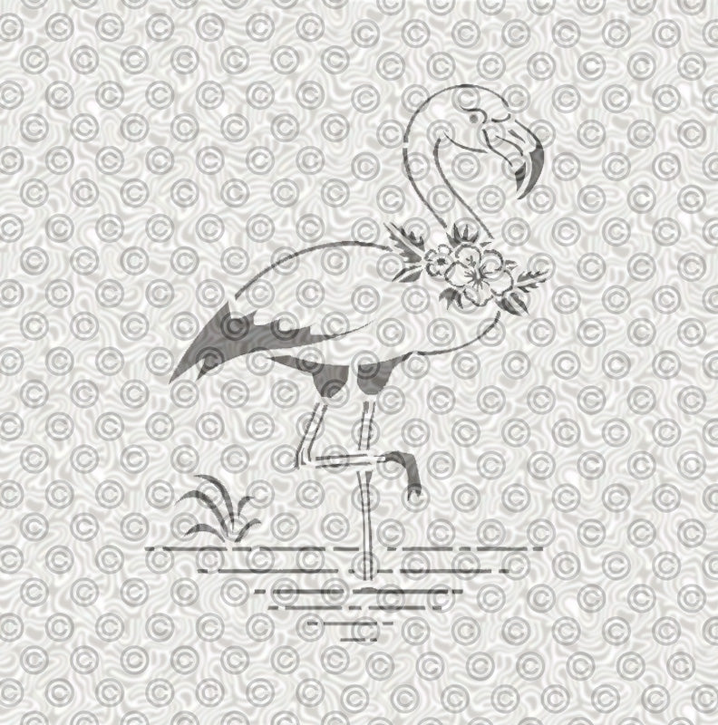 A stylized flamingo design with floral details.