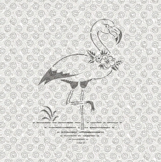 A stylized flamingo design with floral details.