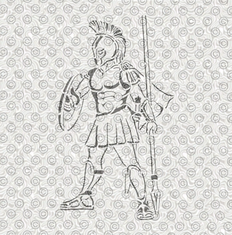 A stencil illustration of a classical Greek or Roman warrior holding a shield and spear.