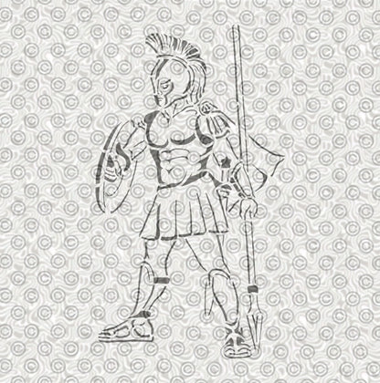 A stencil illustration of a classical Greek or Roman warrior holding a shield and spear.