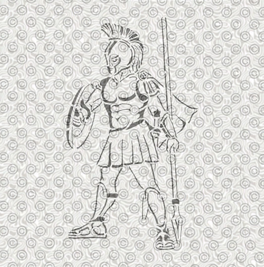 A stencil illustration of a classical Greek or Roman warrior holding a shield and spear.