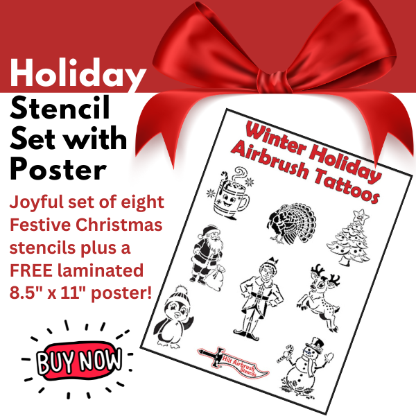 Holiday stencil set with poster featuring Christmas-themed stencil designs on a red background with a bow.