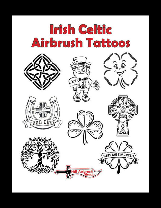 Irish Celtic airbrush tattoo stencil set with shamrock leprechaun Celtic knot and tree of life designs