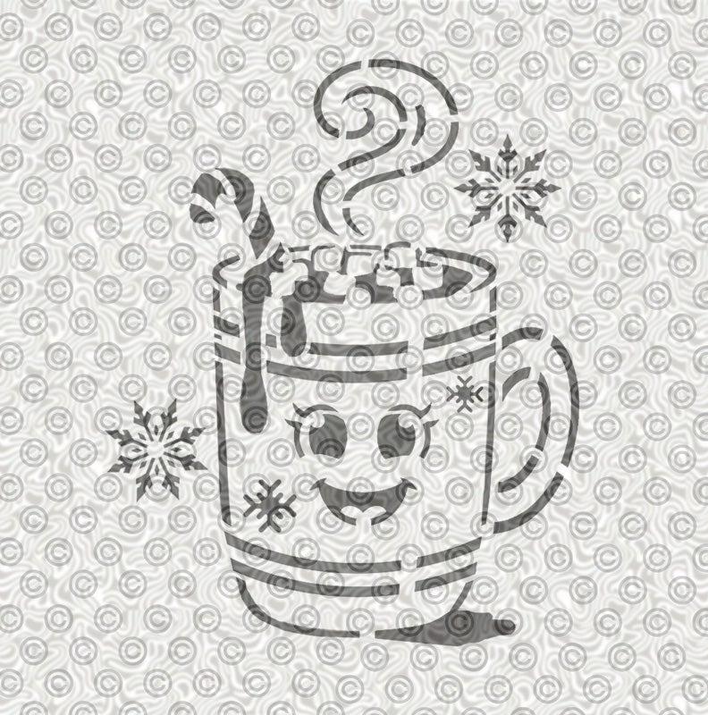 A cute stencil design of a steaming cup of cocoa with marshmallows, and floating decorative snowflakes.