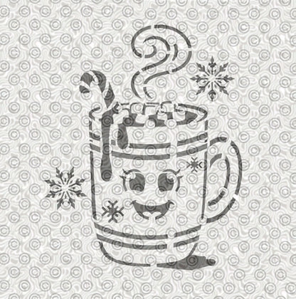 A cute stencil design of a steaming cup of cocoa with marshmallows, and floating decorative snowflakes.