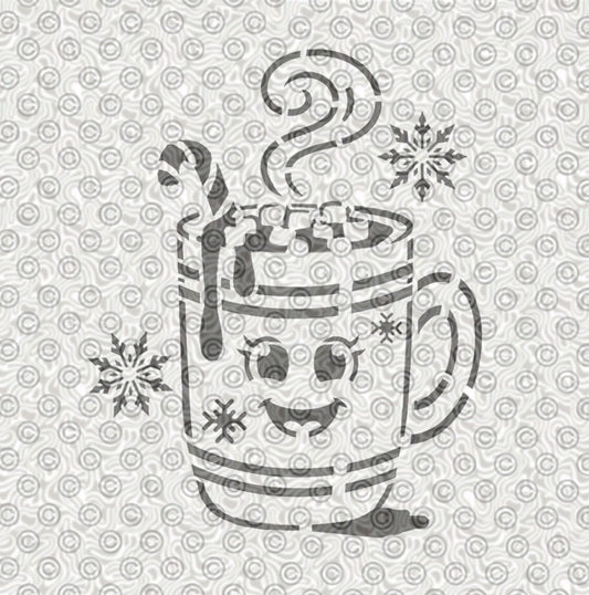 A cute stencil design of a steaming cup of cocoa with marshmallows, and floating decorative snowflakes.