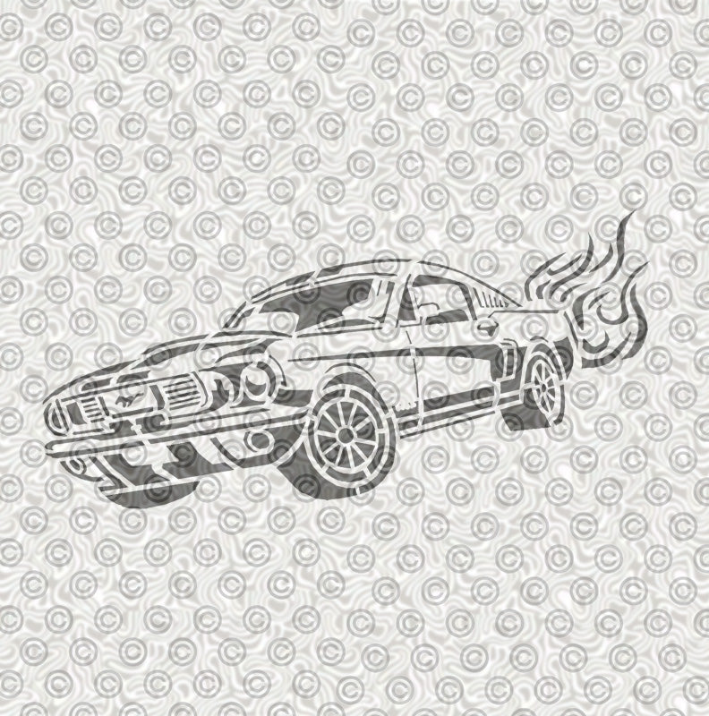 A  stencil design of a classic sports car with flame effects.