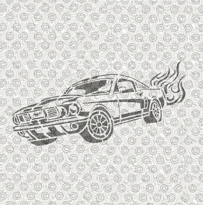 A  stencil design of a classic sports car with flame effects.
