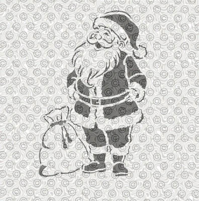 An airbrush stencil of a Christmas Santa with his gift bag