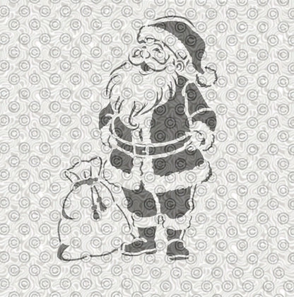 An airbrush stencil of a Christmas Santa with his gift bag