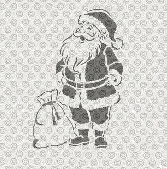 An airbrush stencil of a Christmas Santa with his gift bag