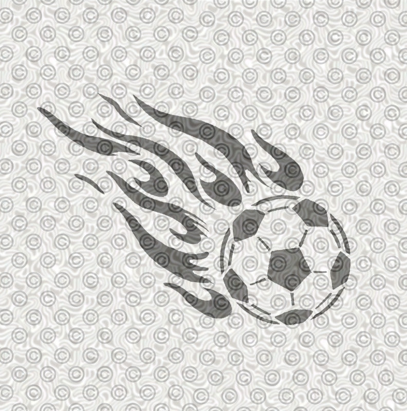 A stencil design featuring a graphic soccer ball with flames trailing behind it.