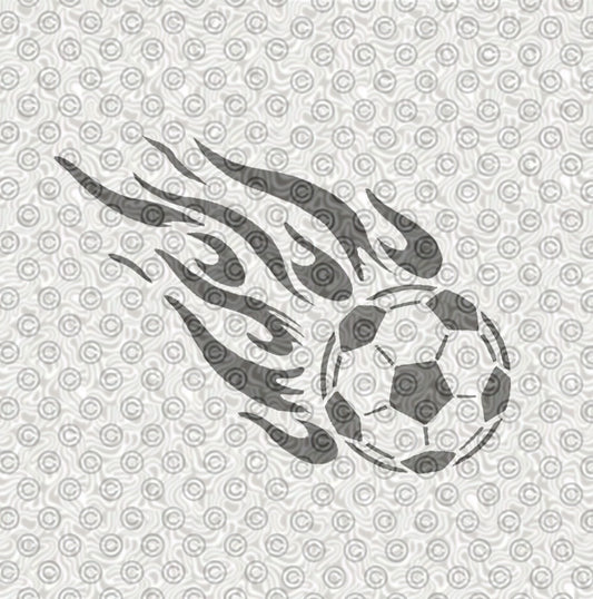 A stencil design featuring a graphic soccer ball with flames trailing behind it.