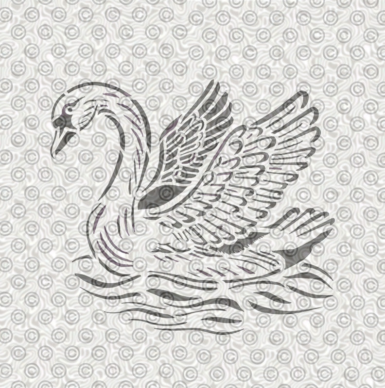 A stylized black line-art illustration of a swan with wings raised, centered on a light gray background with a repeating circular pattern.