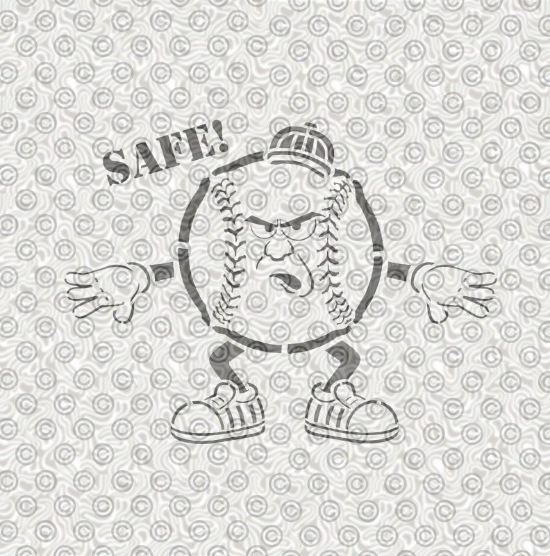 A design of a cartoon baseball umpire with a grumpy face, arms, legs, and shoes, plus the word 'SAFE!' above it.