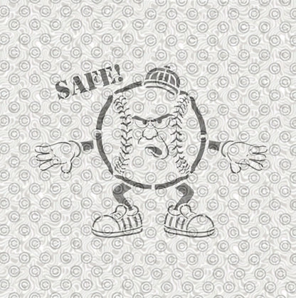 A design of a cartoon baseball umpire with a grumpy face, arms, legs, and shoes, plus the word 'SAFE!' above it.