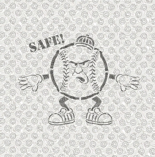 A design of a cartoon baseball umpire with a grumpy face, arms, legs, and shoes, plus the word 'SAFE!' above it.