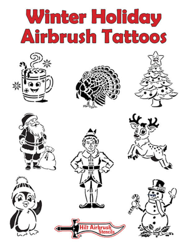 Collection of winter holiday airbrush stencils with Christmas characters like Santa, reindeer, snowman and penguin.