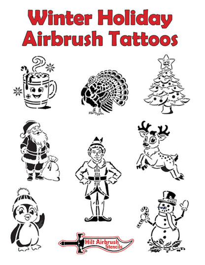 Collection of winter holiday airbrush stencils with Christmas characters like Santa, reindeer, snowman and penguin.