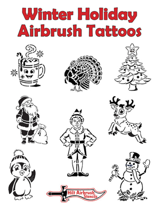Collection of winter holiday airbrush stencils with Christmas characters like Santa, reindeer, snowman and penguin.