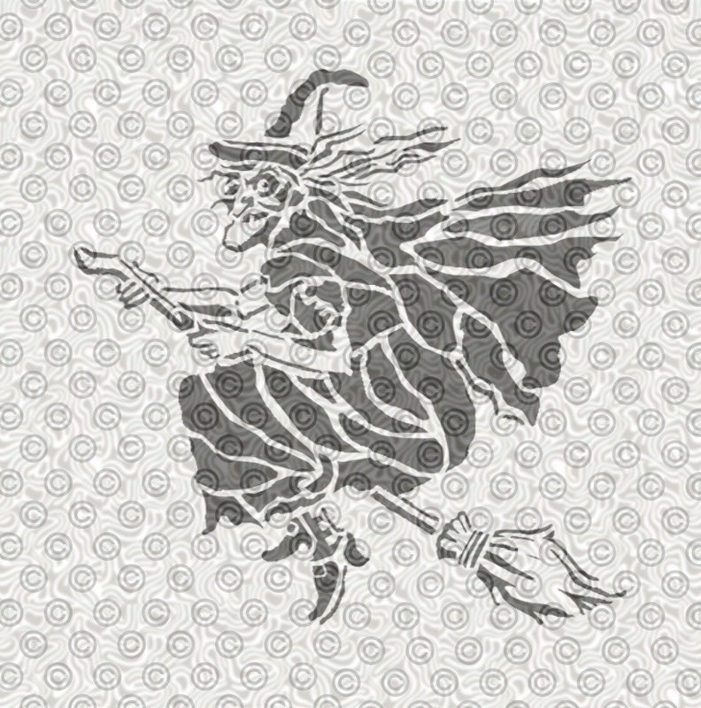 Black silhouette of an airbrush tattoo stencil featuring a witch on a broomstick 