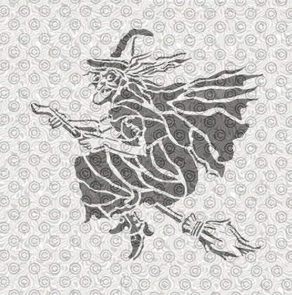 Black silhouette of an airbrush tattoo stencil featuring a witch on a broomstick 