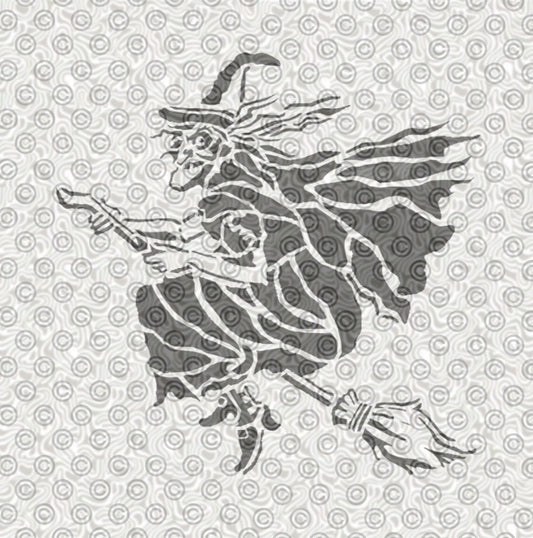 Black silhouette of an airbrush tattoo stencil featuring a witch on a broomstick 