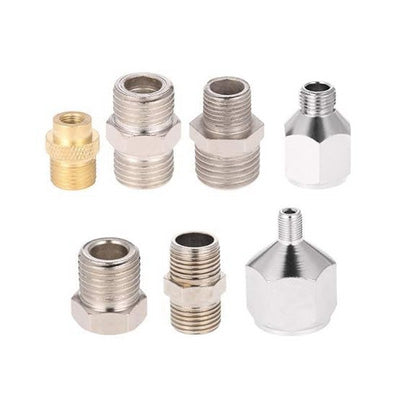Set of various airbrush fittings for airbrushes and airbrush hoses.