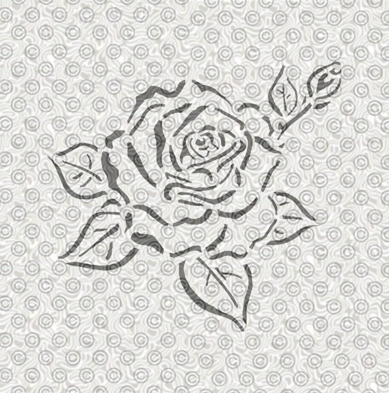 Stencil design of rose blossom and leaves, with rose bud for airbrush tattoos.