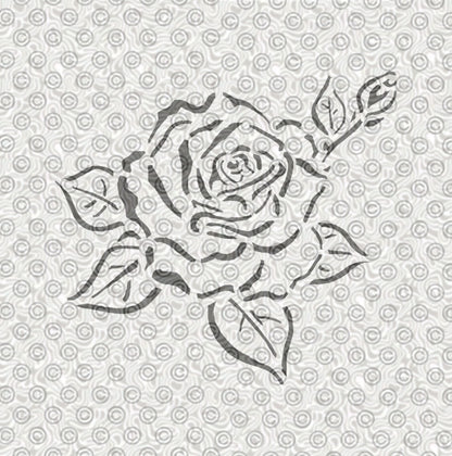 Stencil design of rose blossom and leaves, with rose bud for airbrush tattoos.