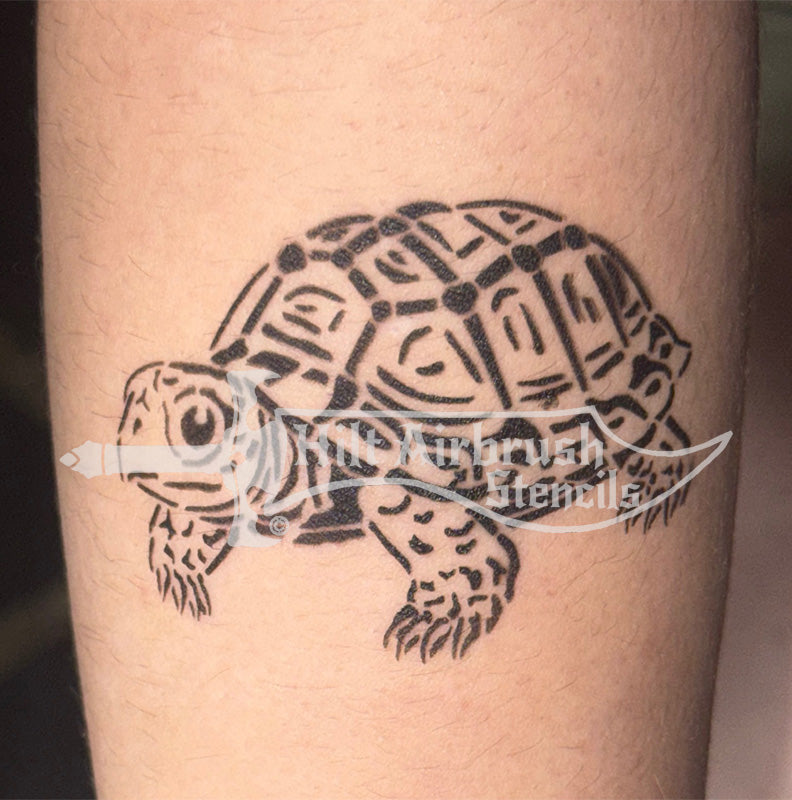 Box turtle tortoise tattoo airbrushed on an arm created with a Hilt Airbrush Tattoo Stencil