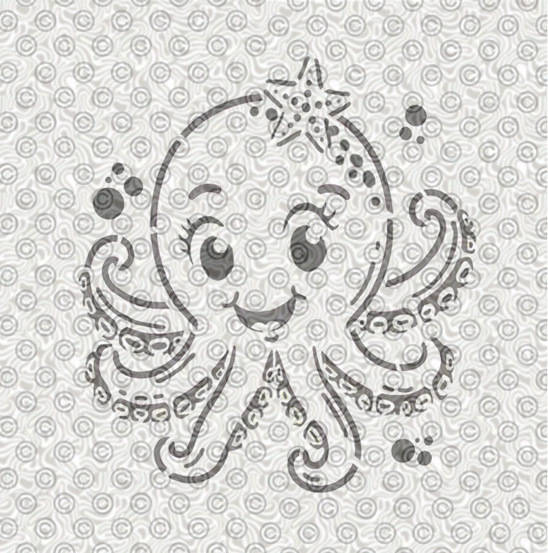 A stencil of a cute cartoon octopus with a starfish for children's airbrush tattoos.