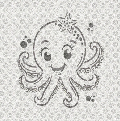 A stencil of a cute cartoon octopus with a starfish for children's airbrush tattoos.