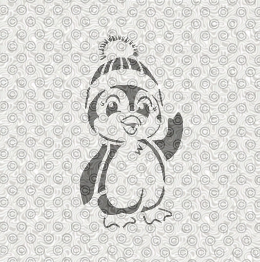An airbrush tattoo stencil of a cartoon penguin wearing a knitted hat 