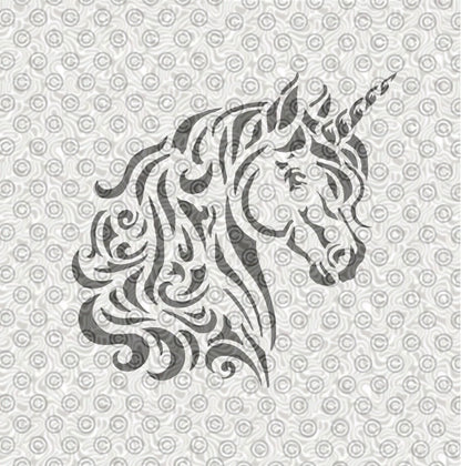 Fanciful unicorn stencil for face painting or airbrush tattoos.