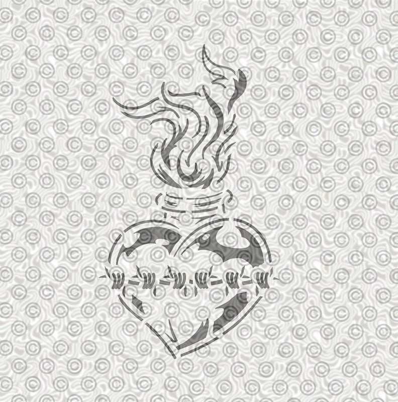 Decorative heart stencil with flames and barbed wire for use with airbrush tattooing.