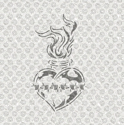 Decorative heart stencil with flames and barbed wire for use with airbrush tattooing.